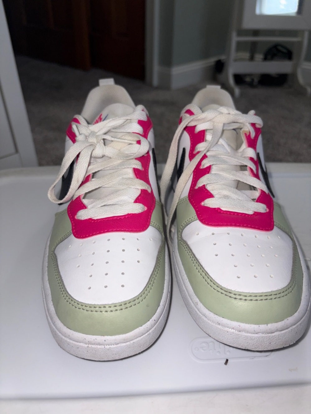Nike Kids White Sneakers with Pink and Light Green Accents